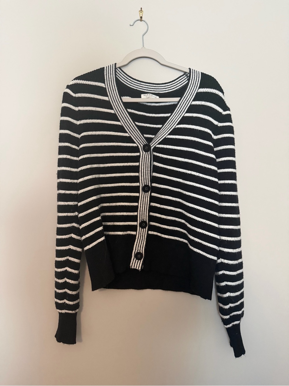 Bagatelle Collection New York Black & White Striped V-Neck Cardigan - L